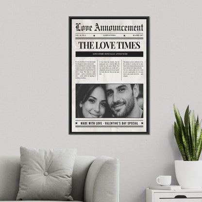 Personalized Love Newspaper Canvas Art: Custom Valentine’s Day Canvas Print for Couples