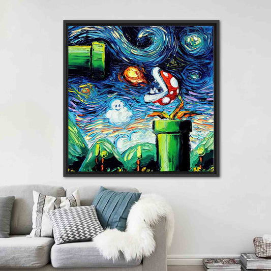 Modern Van Gogh Mario Printed Canvas Art - Starry Night Meets Mario Bros