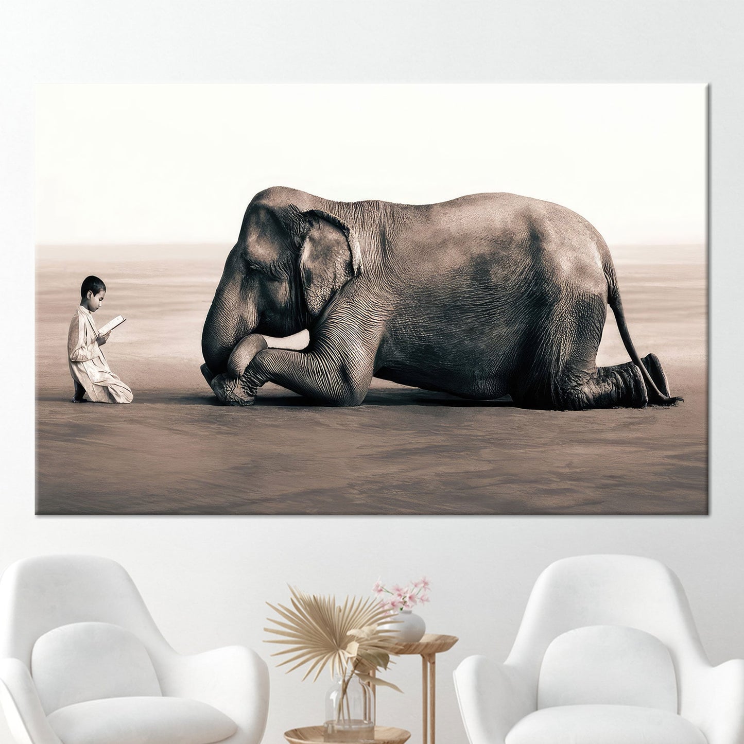 Boy Reading Elephant Surreal Canvas Print