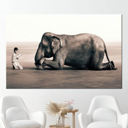 Boy Reading Elephant Surreal Canvas Print