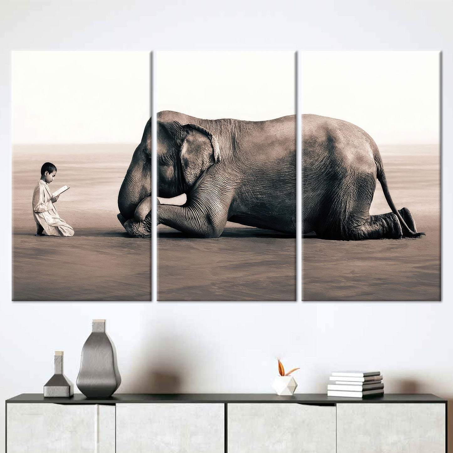 Boy Reading Elephant Surreal Canvas Print