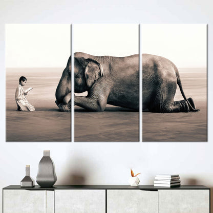 Boy Reading Elephant Surreal Canvas Print
