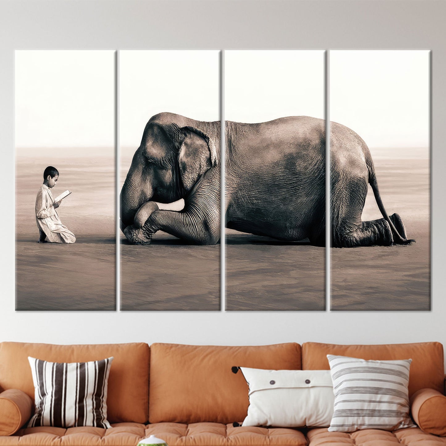 Boy Reading Elephant Surreal Canvas Print
