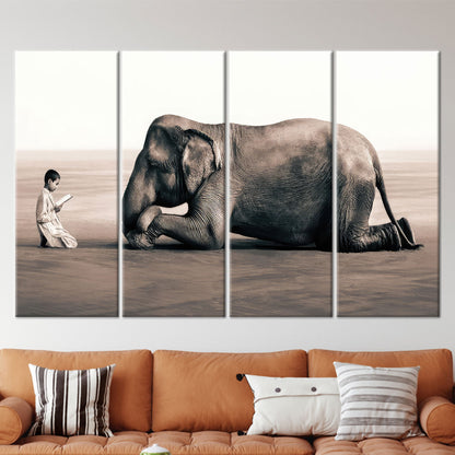 Boy Reading Elephant Surreal Canvas Print