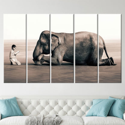 Boy Reading Elephant Surreal Canvas Print