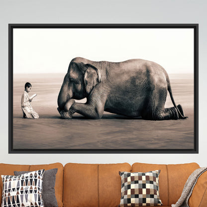 Boy Reading Elephant Surreal Canvas Print