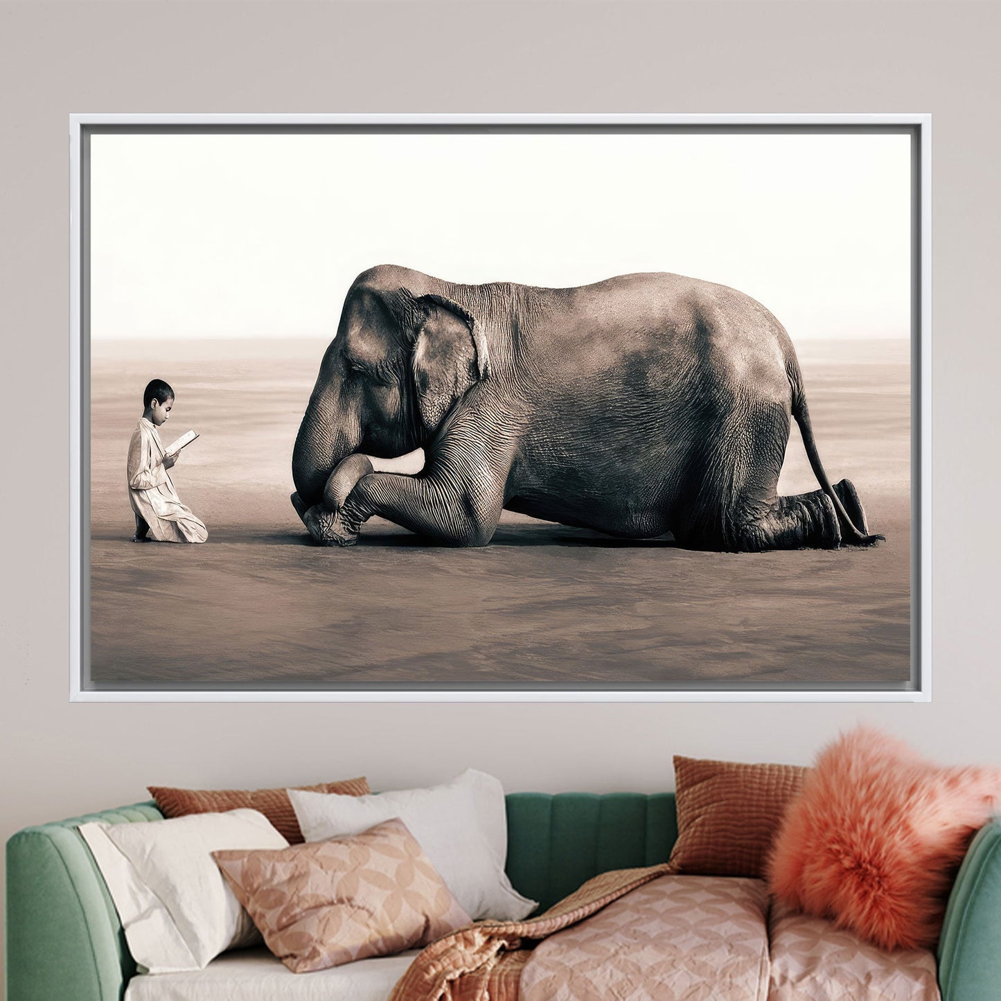 Boy Reading Elephant Surreal Canvas Print