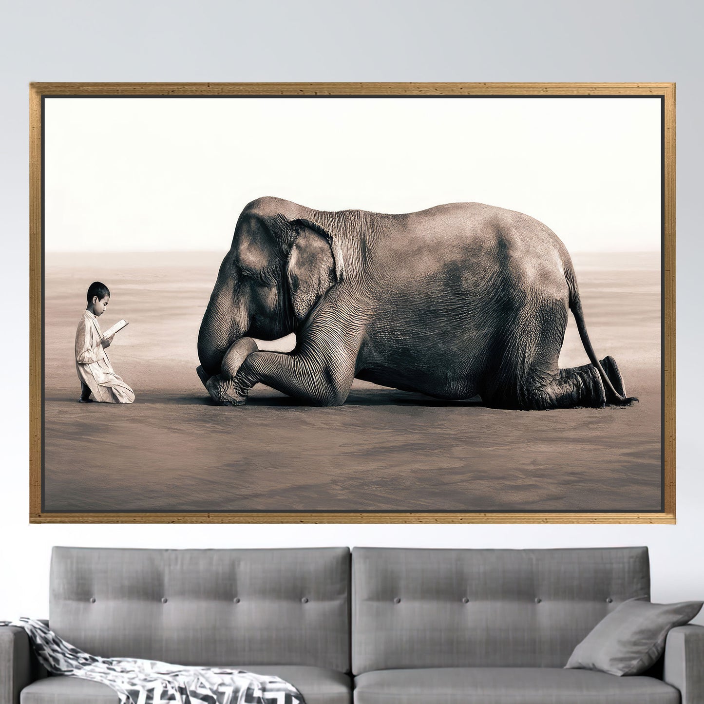 Boy Reading Elephant Surreal Canvas Print