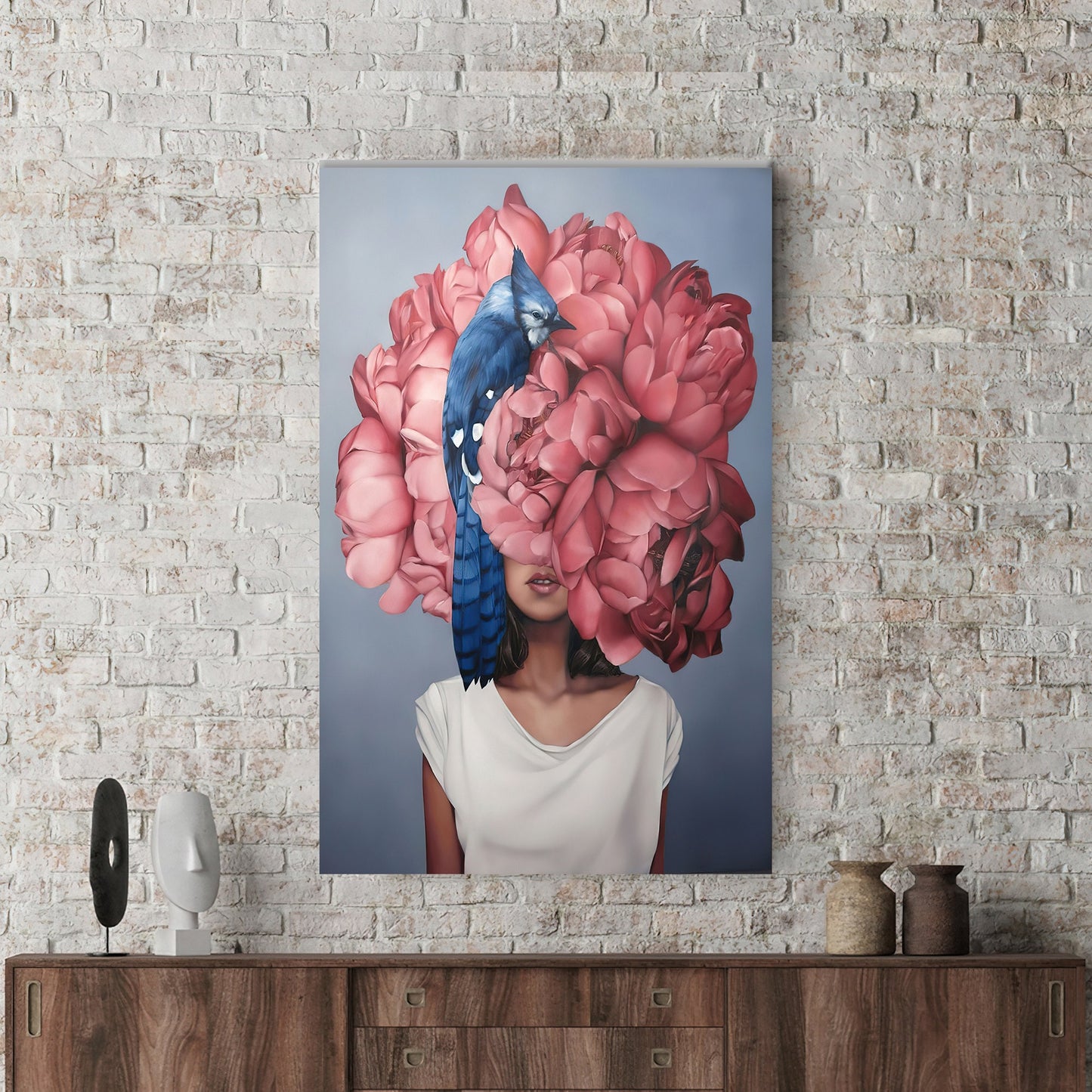 Modern Pink Floral Woman Canvas Print, Abstract Wall Art, Large Canvas Decor, Personalized Gift