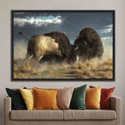 Bison Battle Wild Nature American Canvas Print