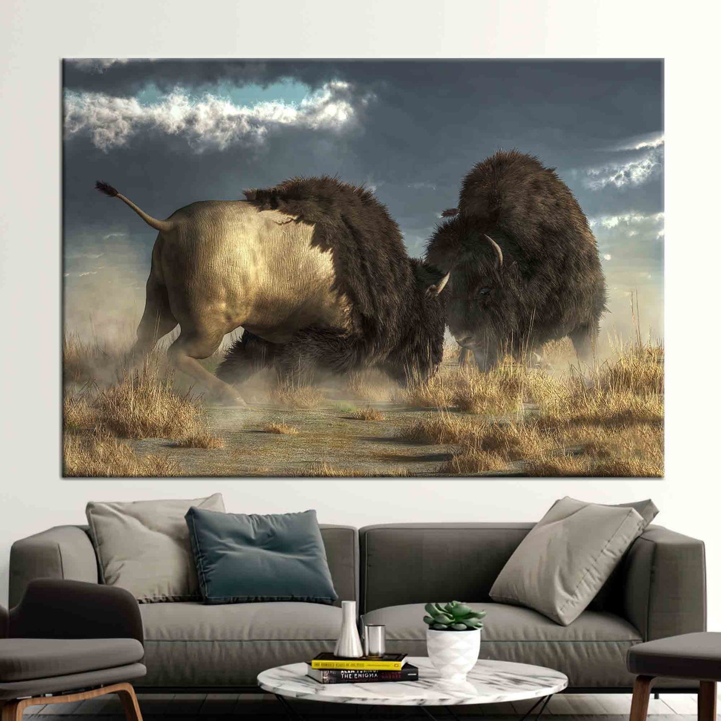 Bison Battle Wild Nature American Canvas Print