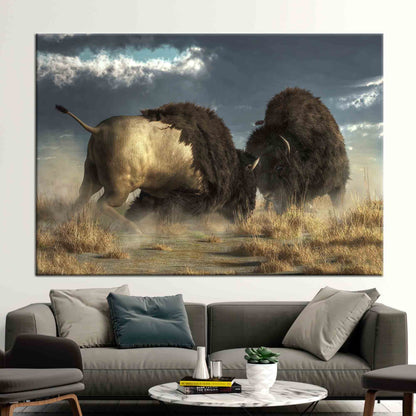 Bison Battle Wild Nature American Canvas Print