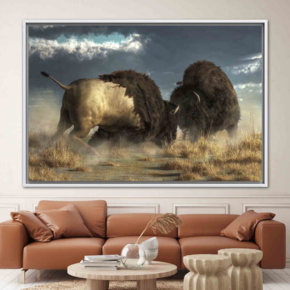Bison Battle Wild Nature American Canvas Print