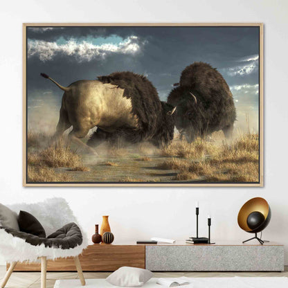 Bison Battle Wild Nature American Canvas Print