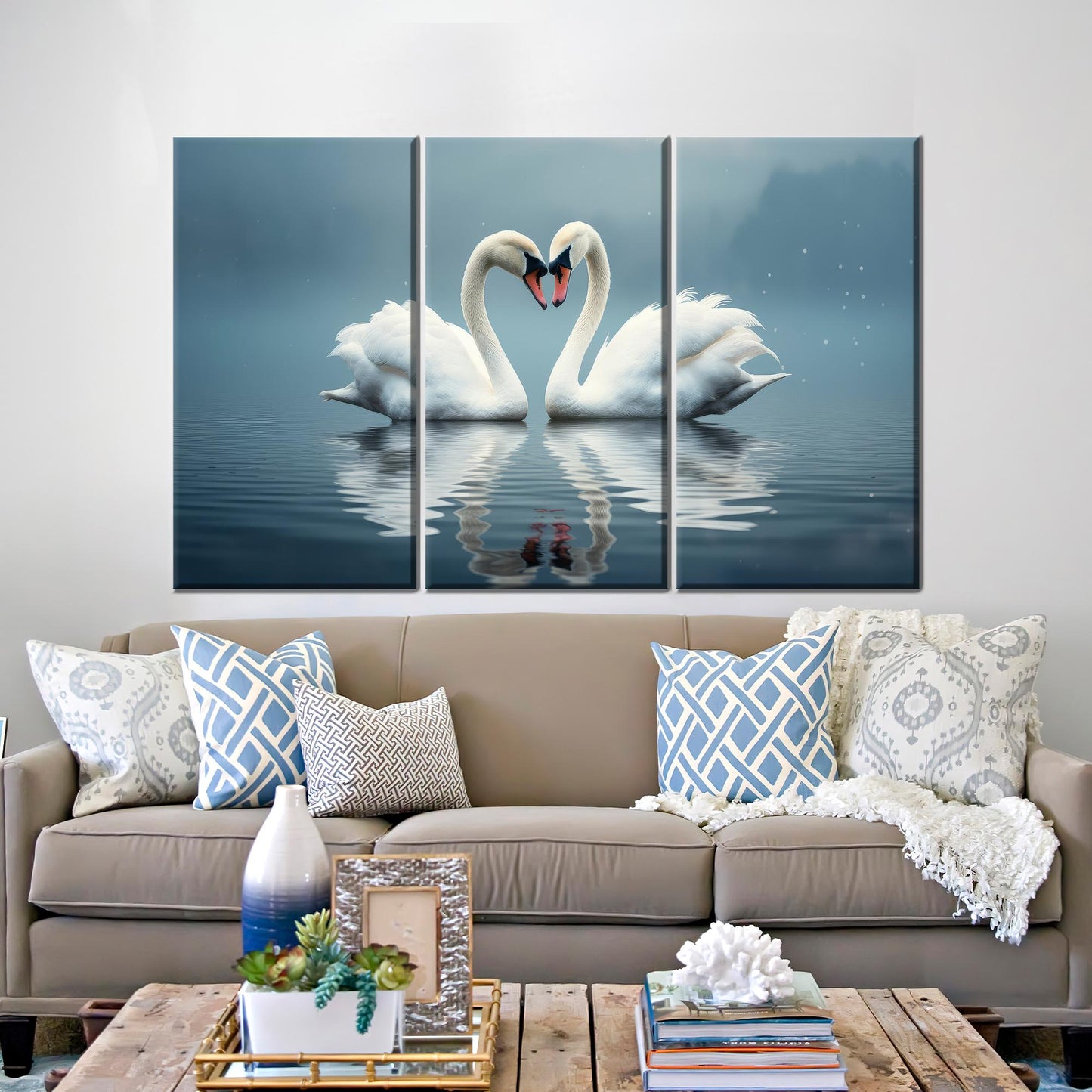 Swans Love Floating Water Two Canvas Print