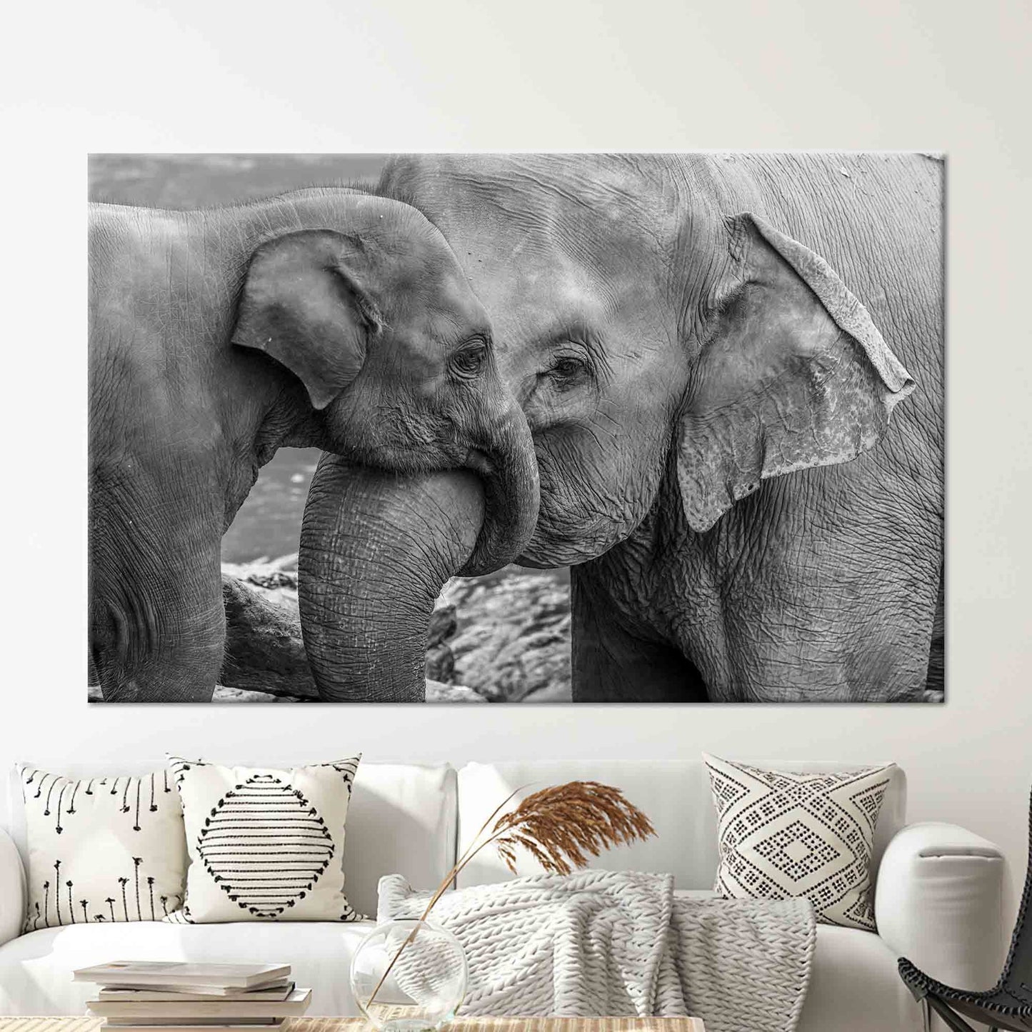 Black and White Elephant Family Canvas Print