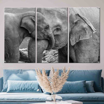 Black and White Elephant Family Canvas Print