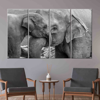 Black and White Elephant Family Canvas Print