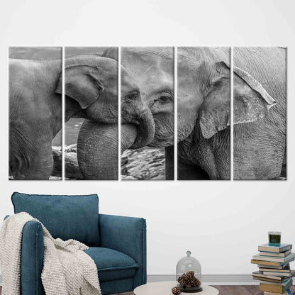 Black and White Elephant Family Canvas Print