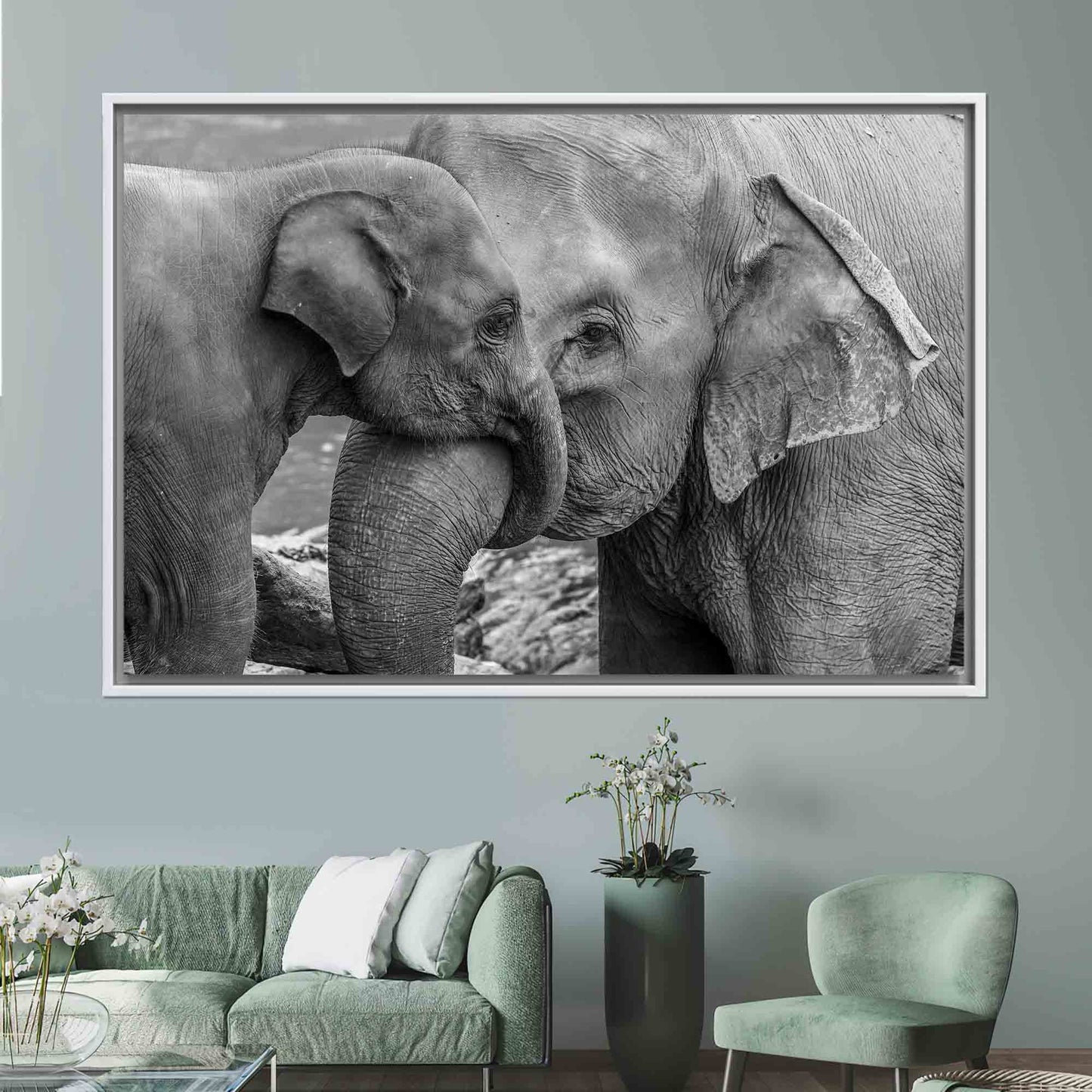 Black and White Elephant Family Canvas Print