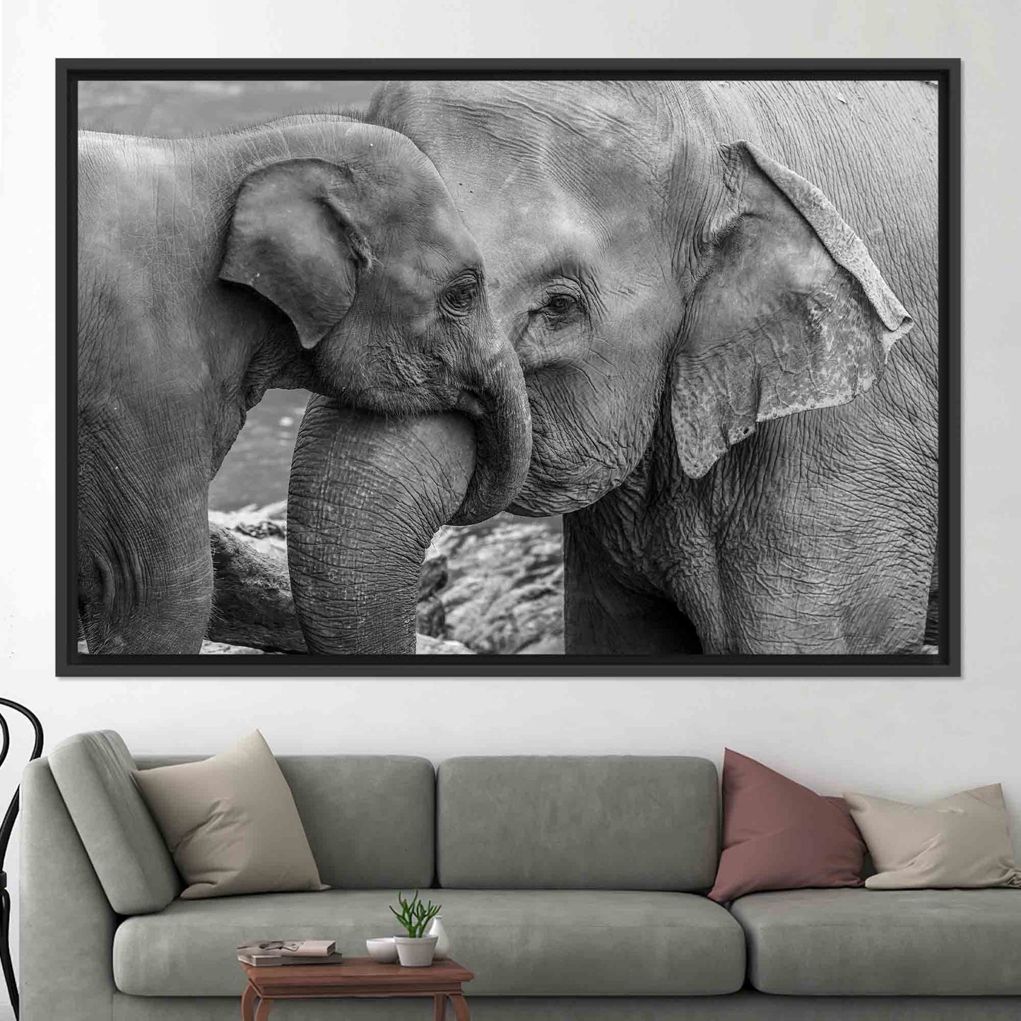 Black and White Elephant Family Canvas Print