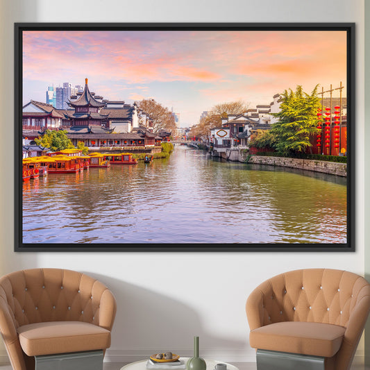 Cityscape Canvas Print: Printed Artwork with River 3D Wall Art Design