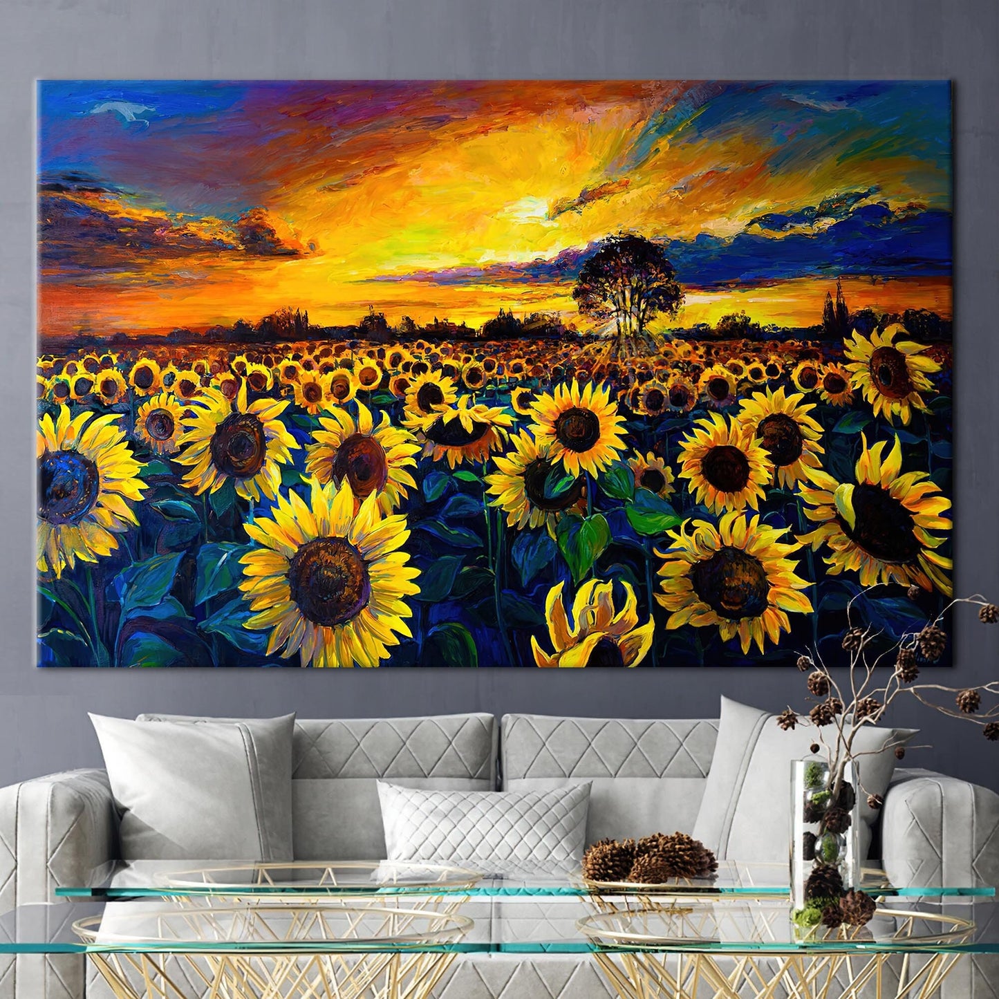 Sunflower Field Sunset Nature Landscape Canvas Print