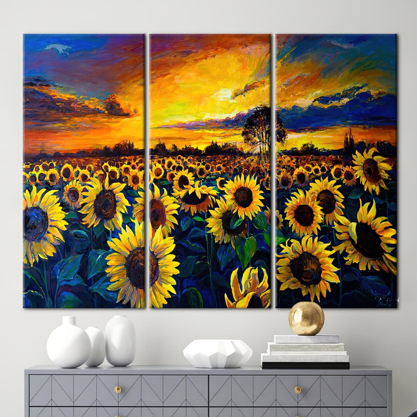 Sunflower Field Sunset Nature Landscape Canvas Print