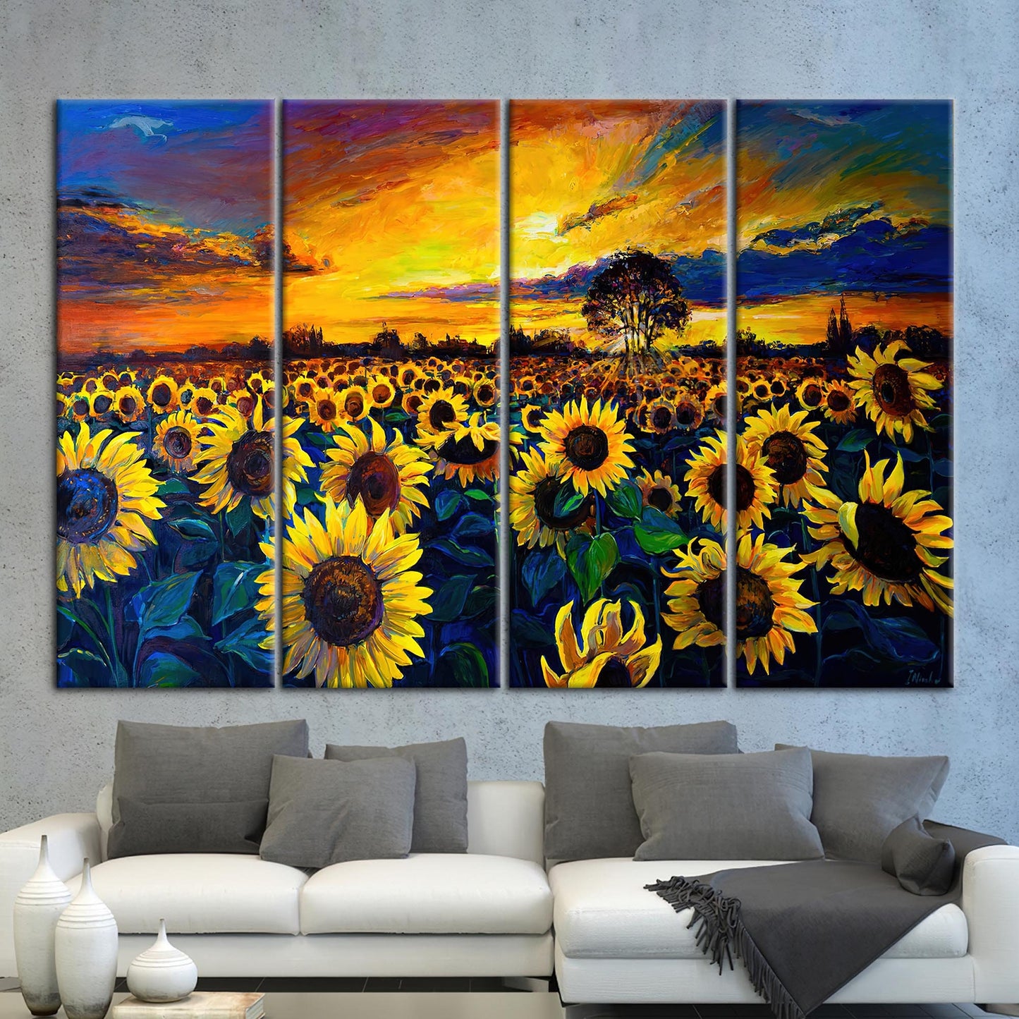 Sunflower Field Sunset Nature Landscape Canvas Print