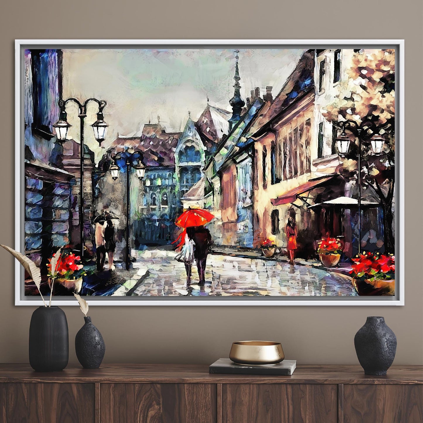 Romantic Lovers Under Red Umbrella Canvas Print