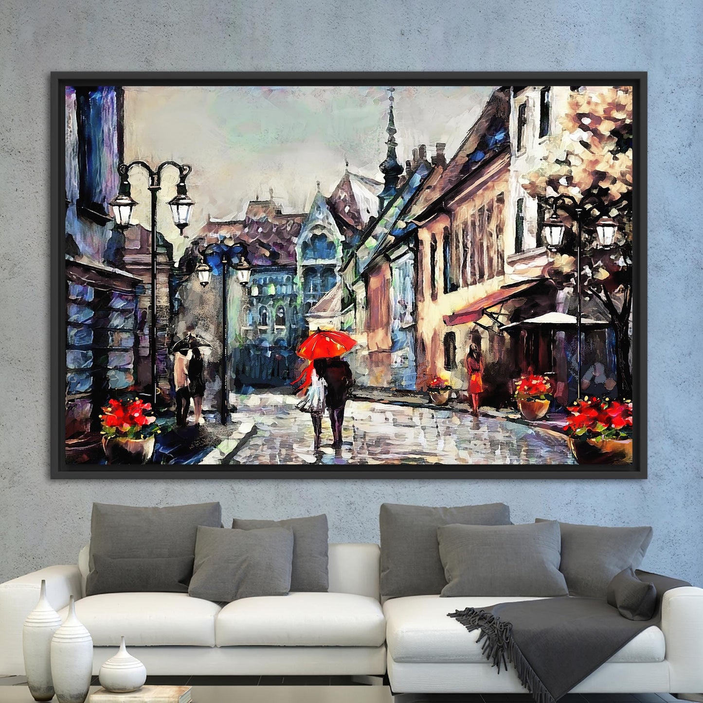 Romantic Lovers Under Red Umbrella Canvas Print