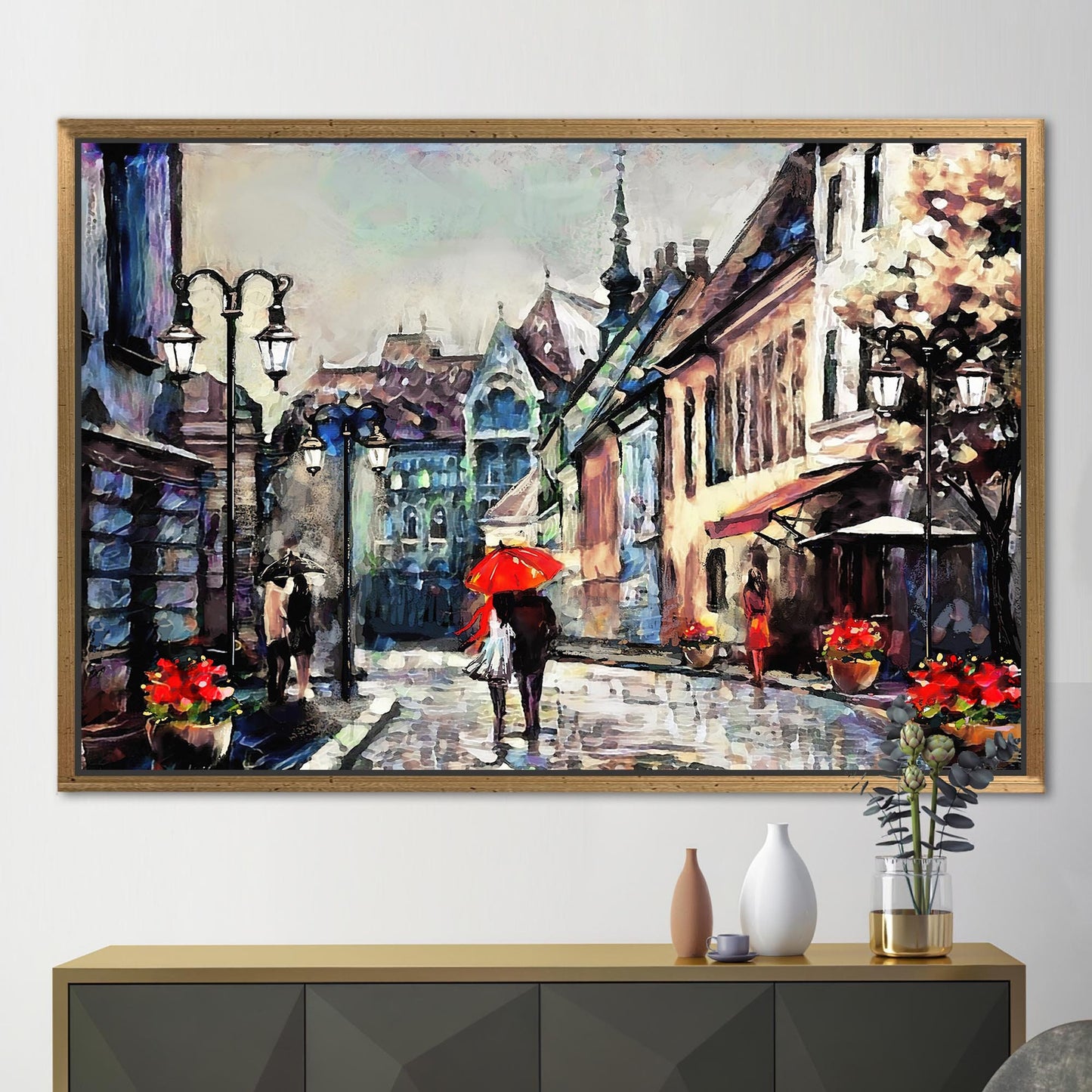 Romantic Lovers Under Red Umbrella Canvas Print