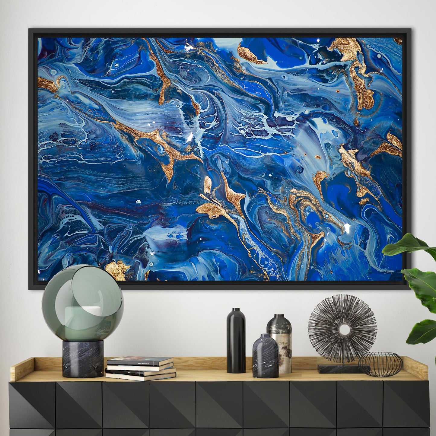 Navy Blue Shimmery Abstract Marble Canvas Print