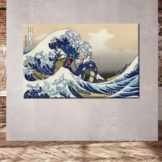 Gyarados Wave Canvas Wall Art: Great Wave Japanese Mashup Poster, Anime Style Ocean Monster Print