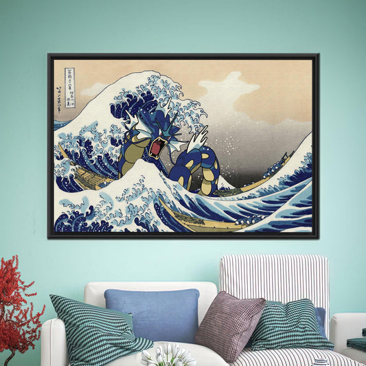 Gyarados Wave Canvas Wall Art: Great Wave Japanese Mashup Poster, Anime Style Ocean Monster Print