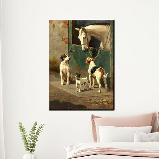 Vintage Horse and Dogs Canvas Wall Art, Classic Animal Friendship Print for Rustic Farmhouse Decor