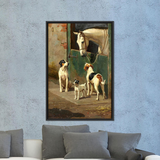 Vintage Horse and Dogs Canvas Wall Art, Classic Animal Friendship Print for Rustic Farmhouse Decor