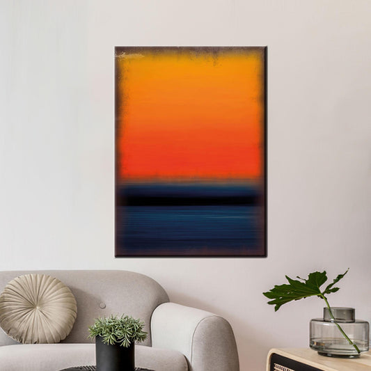 Modern Blue Sunset Horizon Canvas Wall Art, Bold Orange and Blue Gradient Print for Coastal Decor