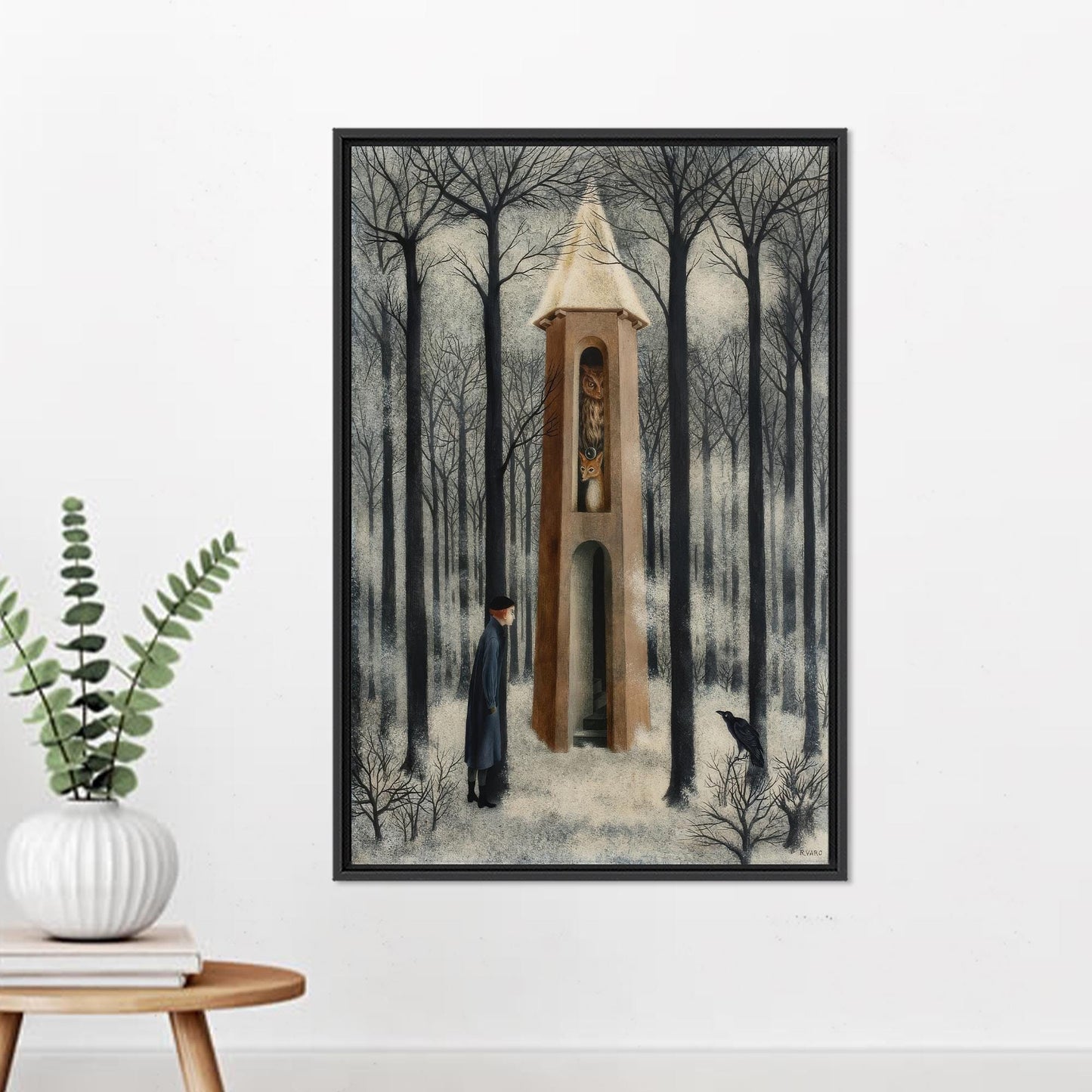 Snowy Forest Crow Christmas Owl Canvas Print