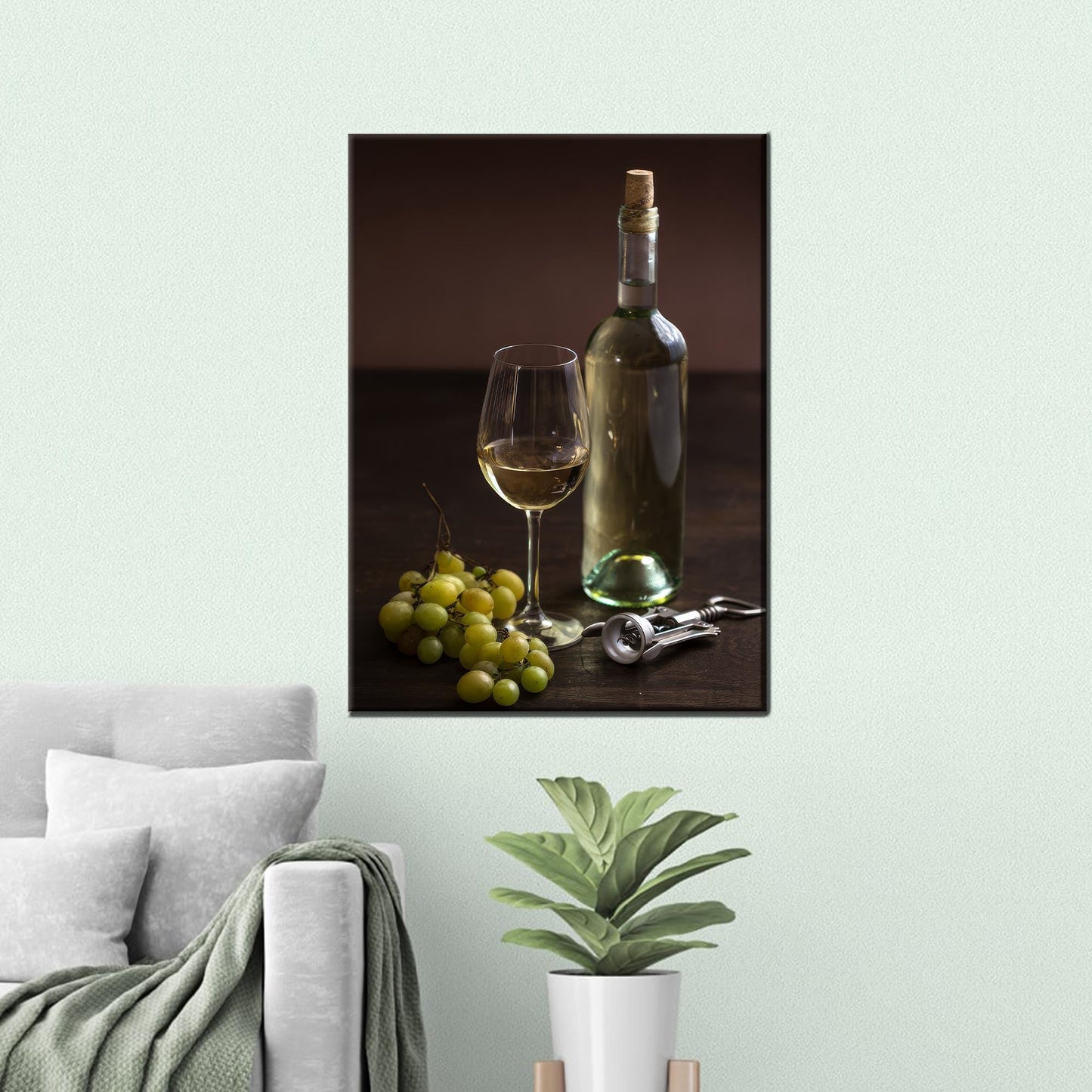 Corkscrew Wine and Grapes Table Canvas Print