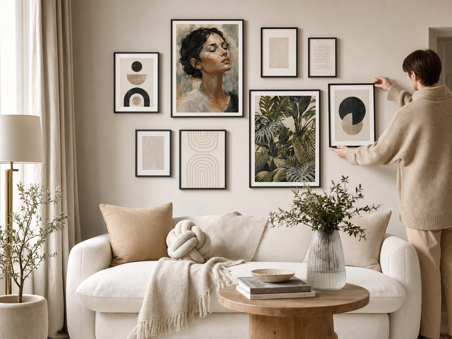 Sanat baskılarıyla dekore edilmiş modern yaşam alanı